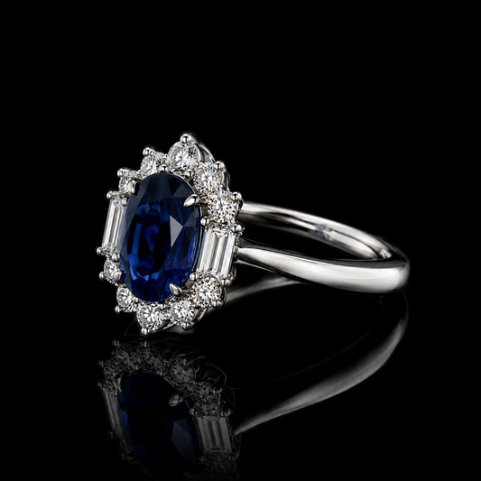 1,43 ct Saphir Halo Ring mit Baguette-Diamanten | 18K Weißgold