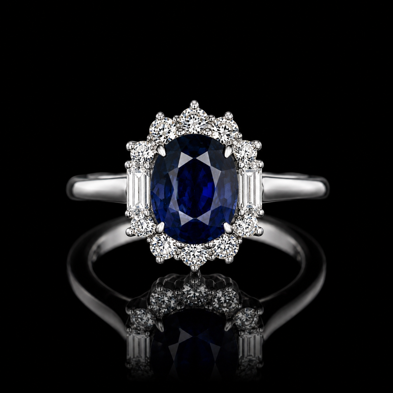 1,43 ct Saphir Halo Ring mit Baguette-Diamanten | 18K Weißgold