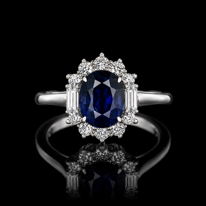 1,43 ct Saphir Halo Ring mit Baguette-Diamanten | 18K Weißgold