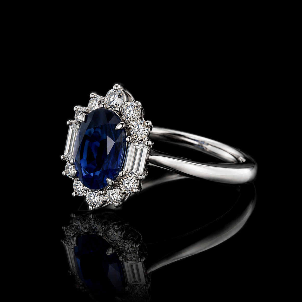 1,43 ct Saphir Halo Ring mit Baguette-Diamanten | 18K Weißgold