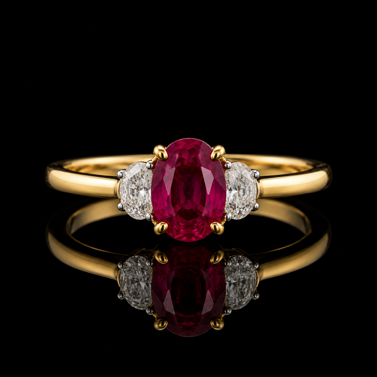 Rubinring mit 0,80 ct Oval-Rubin und 0,50 ct Diamanten in 18 Karat Gelbgold