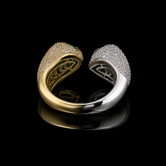 Zwei-Stein Smaragdring mit Herz-Smaragden in Gelb- & Weißgold