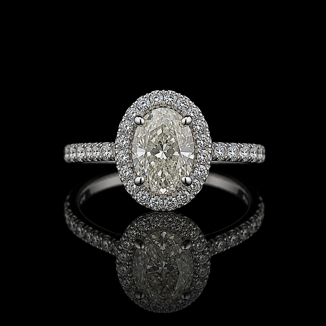 Ovaler Diamantring mit Halo – 1,87 ct – 18 kt Weißgold