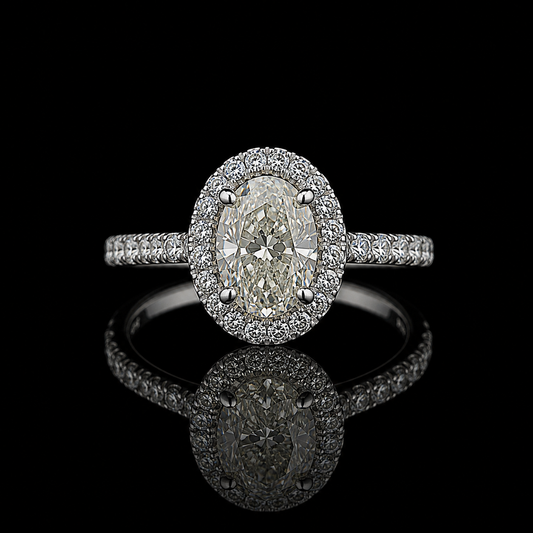 Ovaler Diamantring mit Halo – 1,87 ct – 18 kt Weißgold